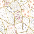 Beautiful seamless patchwork floral pattern with watercolor hand drawn flowers. Stock illustration.