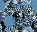 Beautiful seamless patchwork pattern in blue tones. Hexagon patches with floral ornament and jeans fabric