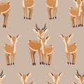 Beautiful seamless pattern with adult and baby deers on brown background. Backdrop with cute and funny cartoon forest