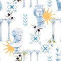 Beautiful seamless pattern with antique statue head bust of the Greek goddess Aphrodite and olives sun columns . Stock