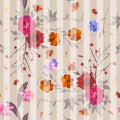 Beautiful seamless pattern with autumn bouquets of garden flowers and branches with red berries and transparent strips.