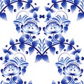 Beautiful seamless pattern with blue flowers gzhel style.