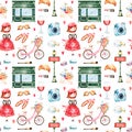 Beautiful seamless pattern with camera,lipstick,hat,bike,young girl