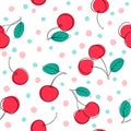Beautiful seamless pattern cartoon black and white outline cherry, pink and green dots. design for holiday greeting card and Royalty Free Stock Photo