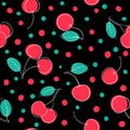 Beautiful seamless pattern cartoon black and white outline cherry, pink and green dots. design for holiday greeting card and Royalty Free Stock Photo