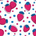 Beautiful seamless pattern cartoon black and white outline strawberry, pink and blue dots. design holiday greeting card and