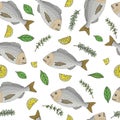Beautiful seamless pattern, color fish Dorado with lemon, thyme, basil, rosemary. Vector illustration
