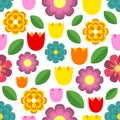 Beautiful seamless pattern of colorful flowers - tulips, chamomile, daisy and leaves.