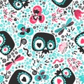 Beautiful seamless pattern with cute cartoon heart-eyed skeleton skulls, turquoise and pink meadow flowers, butterflies