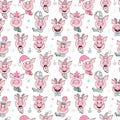 Beautiful seamless pattern of cute pigs with hats