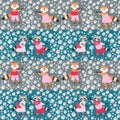 Beautiful seamless pattern with cute raccoons and foxes surrounded by flowers.