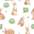 Beautiful Seamless Pattern With Cute Watercolor Hand Drawn Baby Rabbits With Cabbage. Stock Illustration.