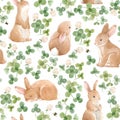 Beautiful Seamless Pattern With Cute Watercolor Hand Drawn Baby Rabbits With Clover . Stock Illustration.