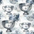 Elegant Silver Goblets and Cups with Watercolor Splashes Seamless Pattern Royalty Free Stock Photo