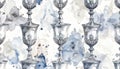 Elegant Silver Goblets Seamless Pattern with Watercolor Splashes Royalty Free Stock Photo