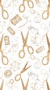 Elegant Sewing Pattern with Scissors, Thread, and Needles Royalty Free Stock Photo