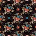 Beautiful seamless pattern with floral embroidery. Decorative ornament with bouquets of summer embroidered flowers