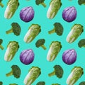 Beautiful seamless pattern with gouache hand drawn cabages on turquoise background. Stock illustration. Healthy food painting for
