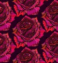 Beautiful seamless pattern with hand drawn ornate pink rose flow