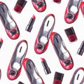 Beautiful seamless pattern hand drawn in red and black palette. Fashion design with red shoes, lipstick and nail polish stick. Ras