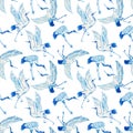 Beautiful seamless pattern with hand drawn watercolor crane birds. Stock illustration.