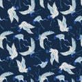 Beautiful seamless pattern with hand drawn watercolor crane birds. Stock illustration.