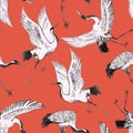 Beautiful seamless pattern with hand drawn watercolor crane birds. Stock illustration.