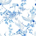 Beautiful seamless pattern with hand drawn watercolor crane birds. Stock illustration.