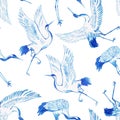 Beautiful seamless pattern with hand drawn watercolor crane birds. Stock illustration.