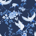 Beautiful seamless pattern with hand drawn watercolor crane birds. Stock illustration.