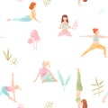 Beautiful seamless pattern with watercolor cute yoga girls. Stock illustration.