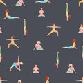 Beautiful seamless pattern with watercolor cute yoga girls. Stock illustration.