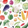Beautiful seamless pattern with hand drawn watercolor healthy vegetable food. Eggplant cabbage corn broccoli zucchini