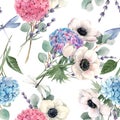 Beautiful seamless pattern with watercolor pink, blue, violet hydrangea flowers and white anemones with lavander. Stock Royalty Free Stock Photo