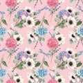 Beautiful seamless pattern with watercolor pink, blue, violet hydrangea flowers and white anemones with lavander. Stock Royalty Free Stock Photo