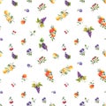 Beautiful seamless pattern with hand drawn watercolor tasty summer pear apple grape cherry plum fruits. Stock