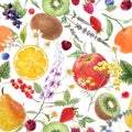 Beautiful seamless pattern with hand drawn watercolor tasty summer pear apple grape cherry plum fruits. Stock