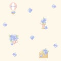 Beautiful seamless pattern hydrangea with different elements - balloon, envelop, cup, reel thread