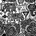 Beautiful seamless pattern Indian Elephant with ornamental. Hand drawn ethnic tribal decorated Elephant. White contour on Black ba