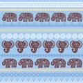Beautiful seamless pattern Indian Elephant with ornamental strips. Hand drawn ethnic tribal decorated Elephant. Blue brown beige c Royalty Free Stock Photo