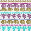 Beautiful seamless pattern Indian Elephant with ornamental strips. Hand drawn ethnic tribal decorated Elephant. teal purple olive