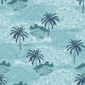 Beautiful seamless pattern island ,Big wave on vintage ocean blue background. Landscape with palm trees,beach ,mountain and ocean Royalty Free Stock Photo