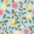 Beautiful seamless pattern with lemons, flowers and branch. Colorful hand drawn vector illustration. Texture for print Royalty Free Stock Photo