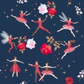 Beautiful seamless pattern with magic dancers and rose flowers in starry sky. Fairy tale. Romantic ballet. Vector illustration Royalty Free Stock Photo