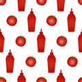 Beautiful Seamless Pattern With Many Red Tomatoes And Bottles With Ketchup. Modern Design Template. Trendy Textile