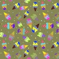 Beautiful Seamless pattern of multicolored or different flavor ice cream cone, moss green color background. summer season concept