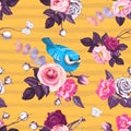 Beautiful seamless pattern with pink rose flowers and small blue bird against orange background with horizontal grungy stripes. Ve Royalty Free Stock Photo