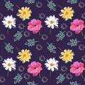 Beautiful seamless pattern with poppy, daisy, marigold flowers and leaves on dark purple background. Fashionable print for fabric Royalty Free Stock Photo