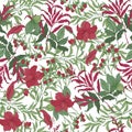 Beautiful seamless pattern with beautiful red blooming garden flowers, berries and leaves on white background. Elegant Royalty Free Stock Photo