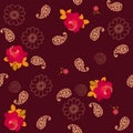 Beautiful seamless pattern with red roses, paisley and silhouettes of flowers on dark brown background. Ethnic motif. Royalty Free Stock Photo